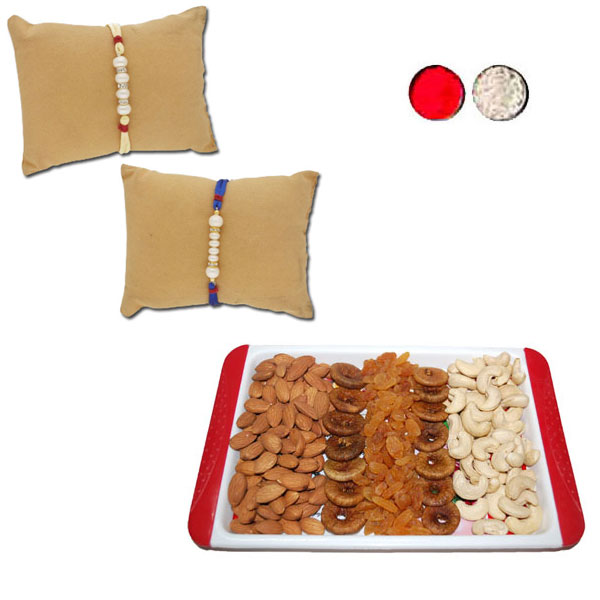 "Embrace Pearl Rakhi Combo - JPRAK-23-07 (2 Rakhis), Dryfruit Thali - RD1000 - Click here to View more details about this Product